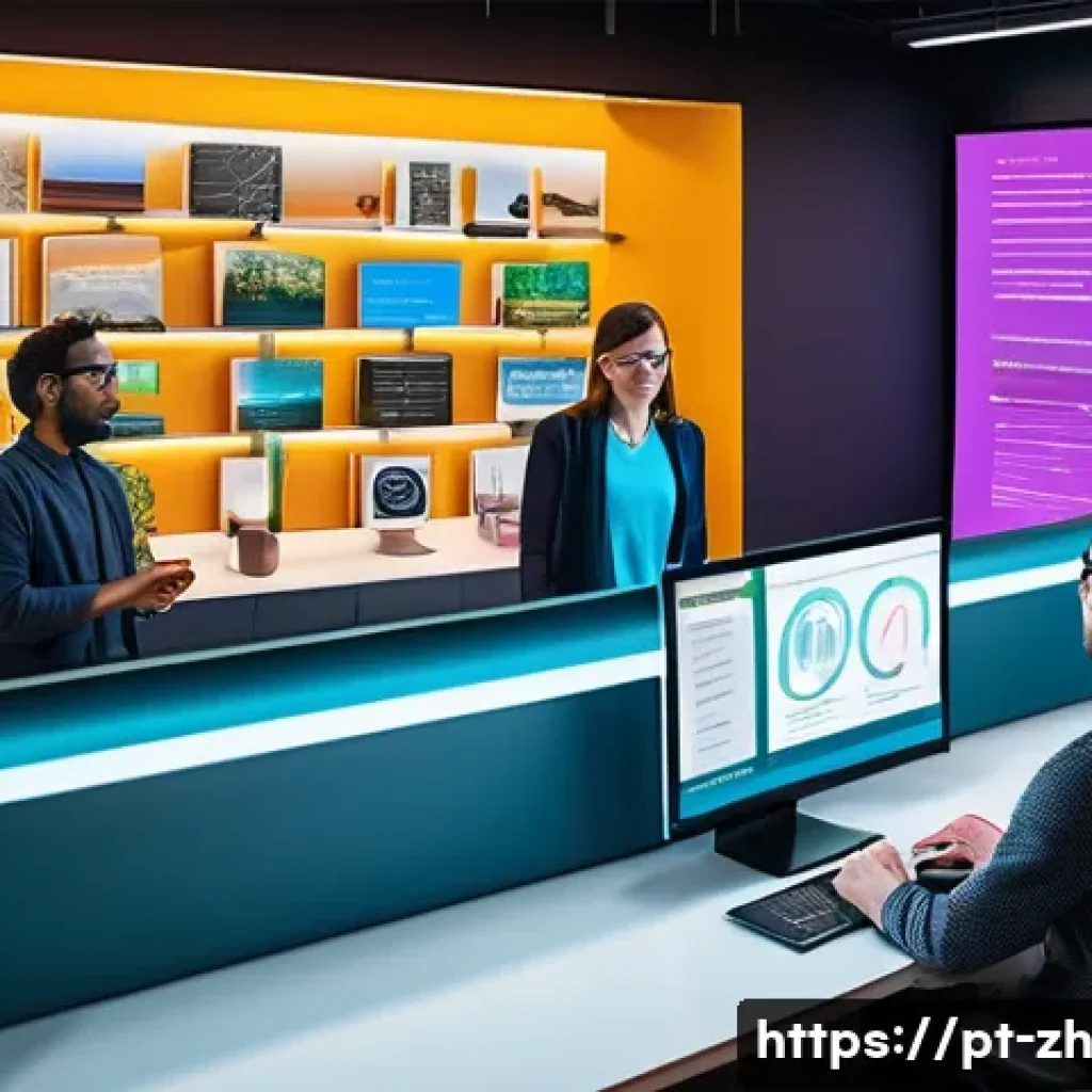 간학문적 연구의 주요 분야 - A vibrant digital workspace scene illustrating the fusion of technology and social sciences: diverse...