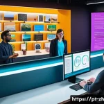 간학문적 연구의 주요 분야 - A vibrant digital workspace scene illustrating the fusion of technology and social sciences: diverse...