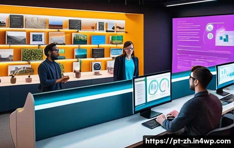 간학문적 연구의 주요 분야 - A vibrant digital workspace scene illustrating the fusion of technology and social sciences: diverse...